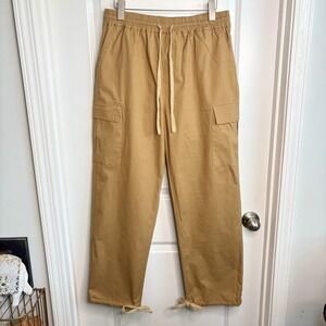 Ouku Mens Cargo Pants Khaki Tan Elastic Waist Drawstring Utility Size Large EUC